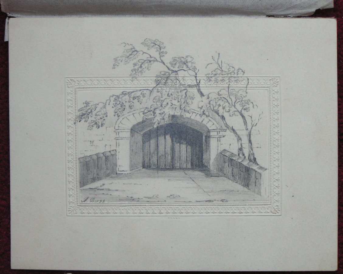 Pencil sketch - (Gothic arch with closed door and tree)