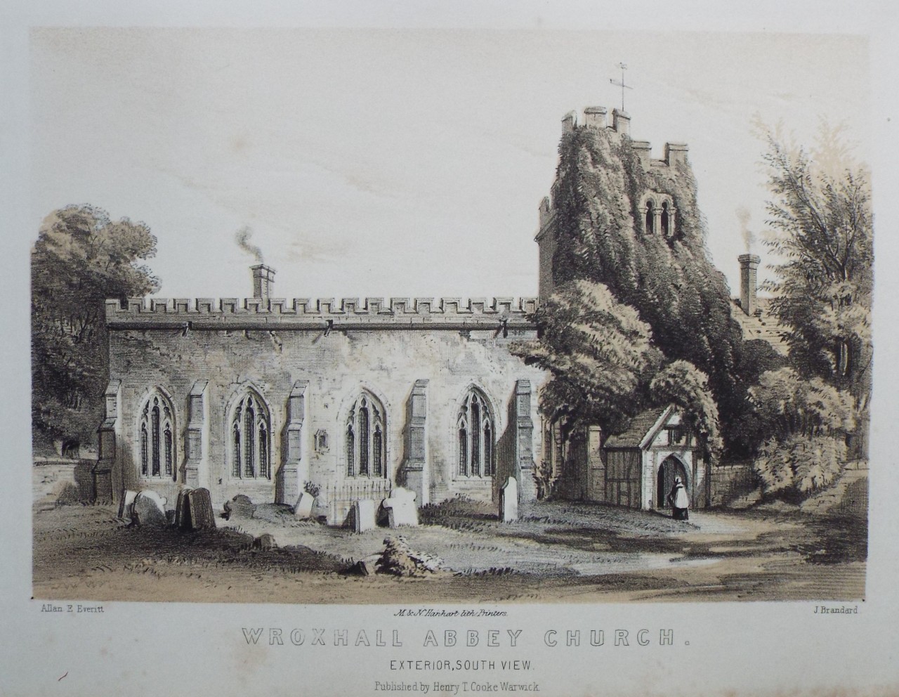 Lithograph - Wroxall Abbey Church. Exterior, South View. - Brandard