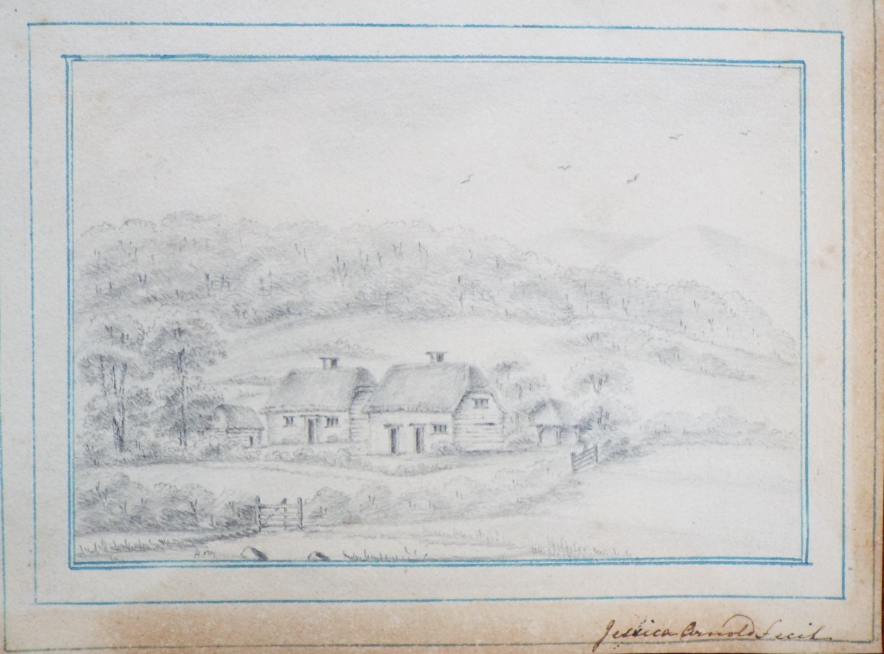 Pencil drawing - Thatched cottages in a valley