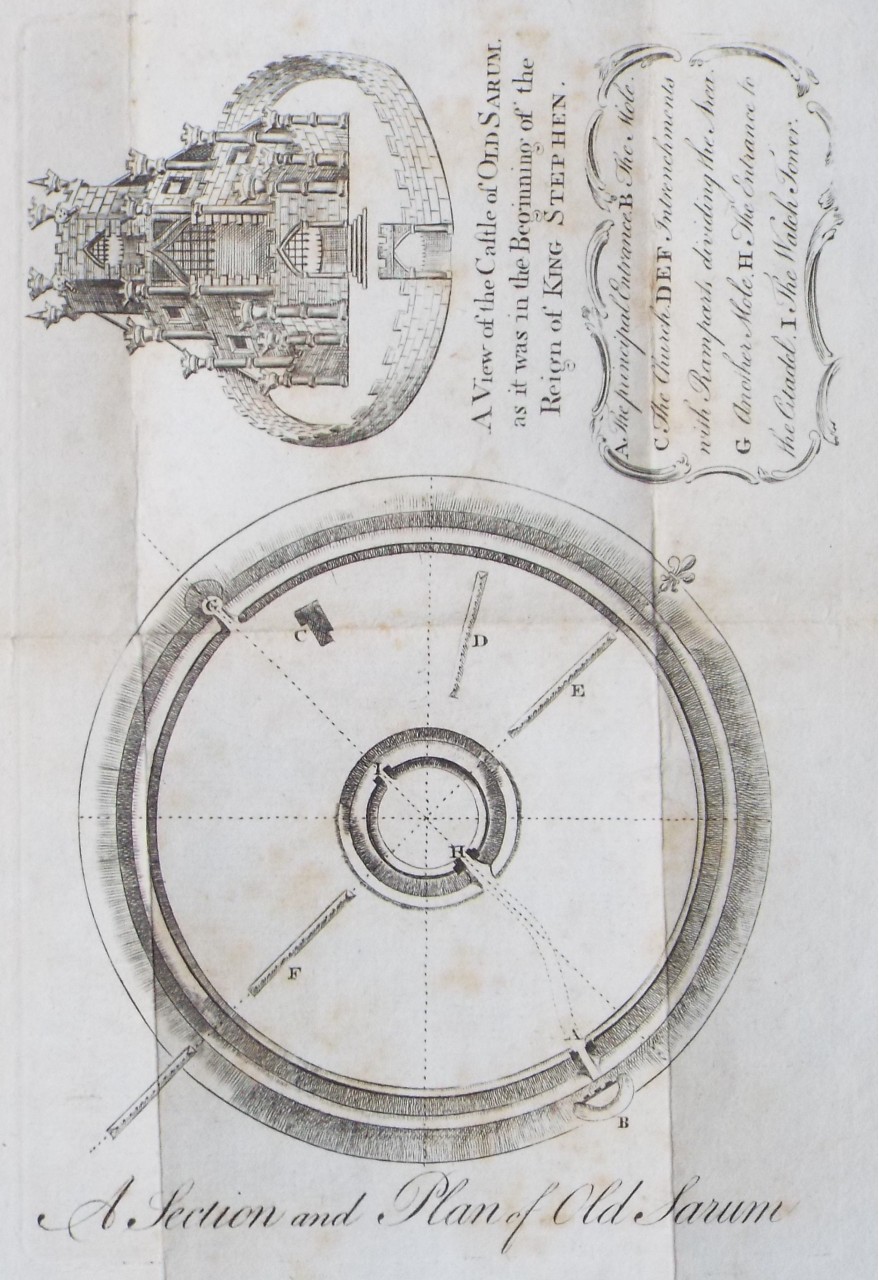 Print - A View of the Castle of Old Sarum as it was in the Beginning of the Reign of King Stephen.
A Section and Plan of Old Sarum.