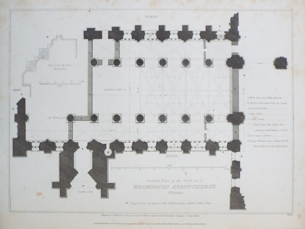 Print - Ground Plan of the Nave &c. of Malmsbury Abbey-Church, Wiltshire. - Roffe