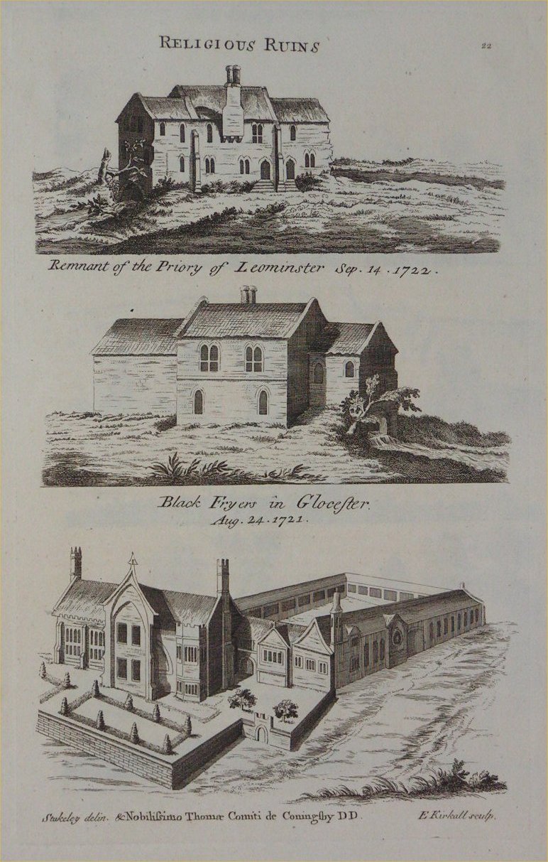 Print - Religious Ruins. Remnant of the Prior of Leominster Sep 14 1722. Black Fryers in Glocester Aug 24 1721. 