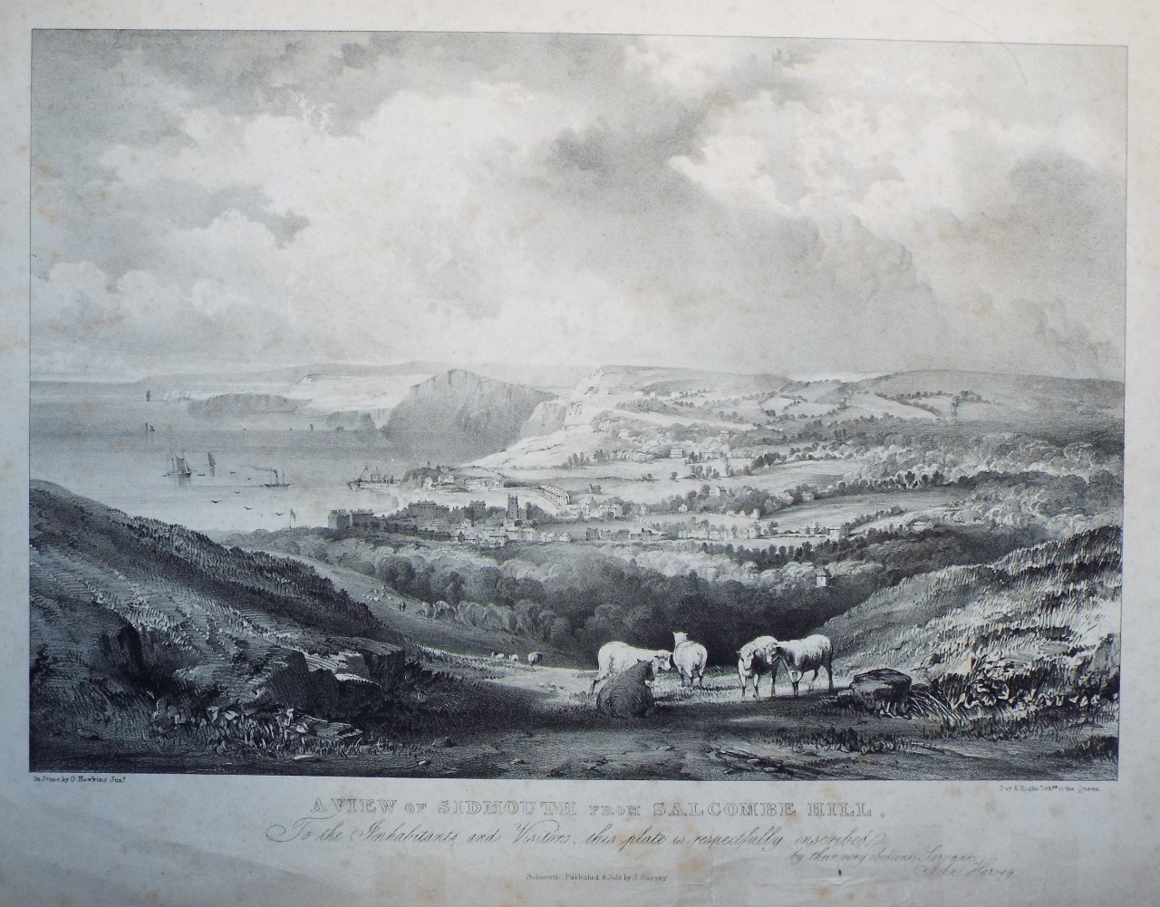 Lithograph - A View of Sidmouth from Salcombe Hill. - Hawkins