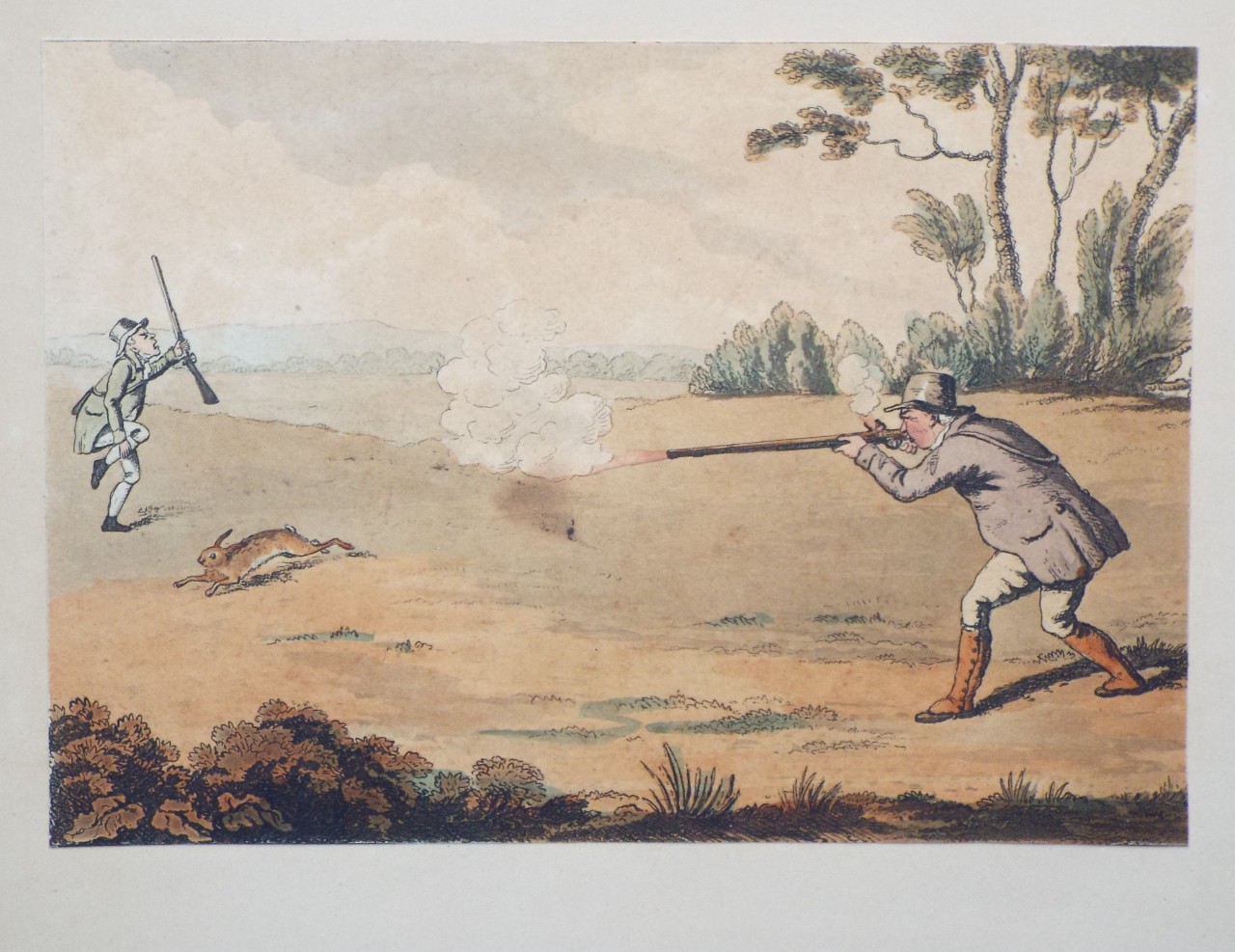 Aquatint - Sportsman firing at hare; second sportsman wounded. - Woodman