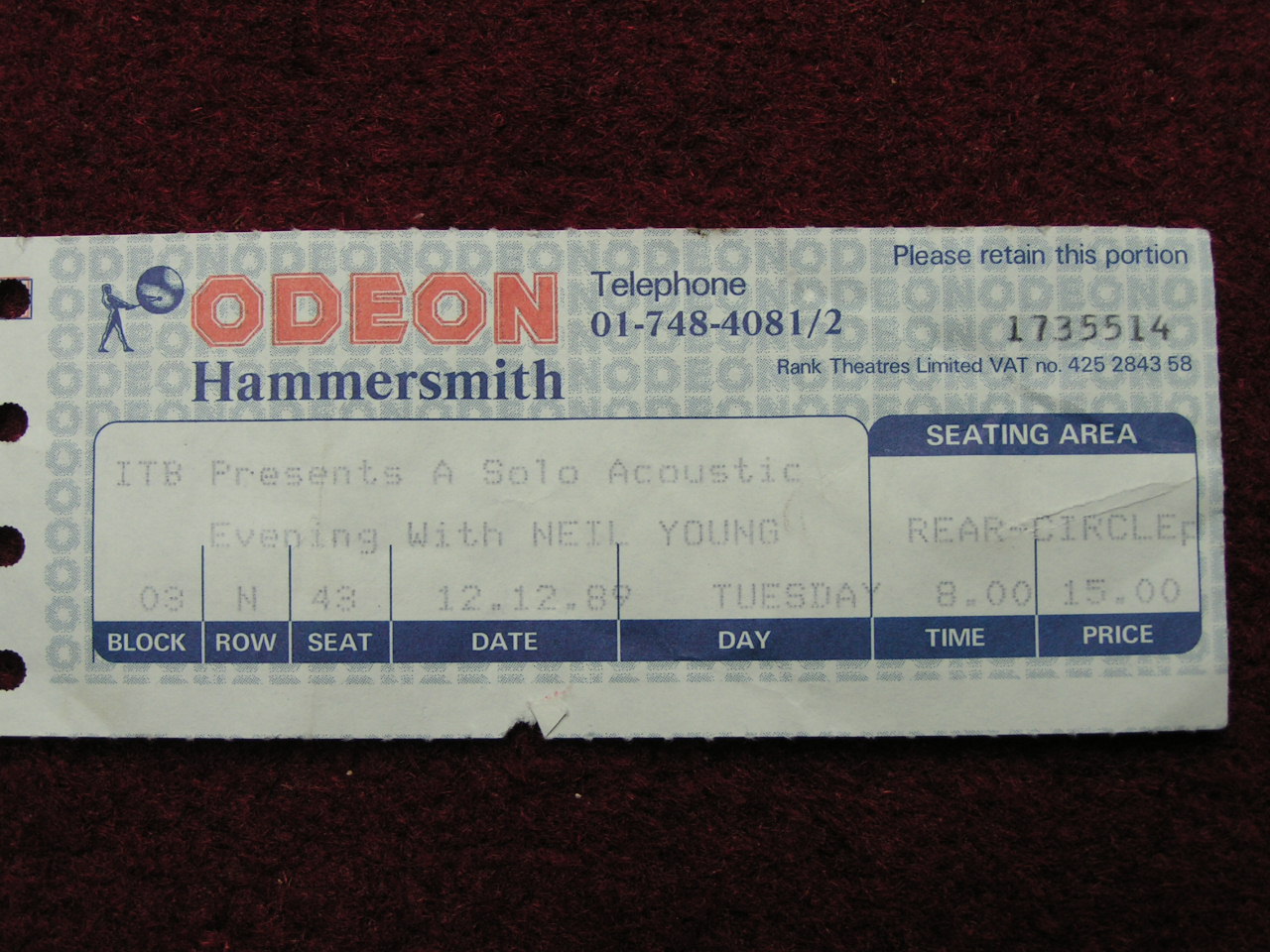 Ticket Stub - An Evening with Neil Young Hammersmith Odeon 12/12/89