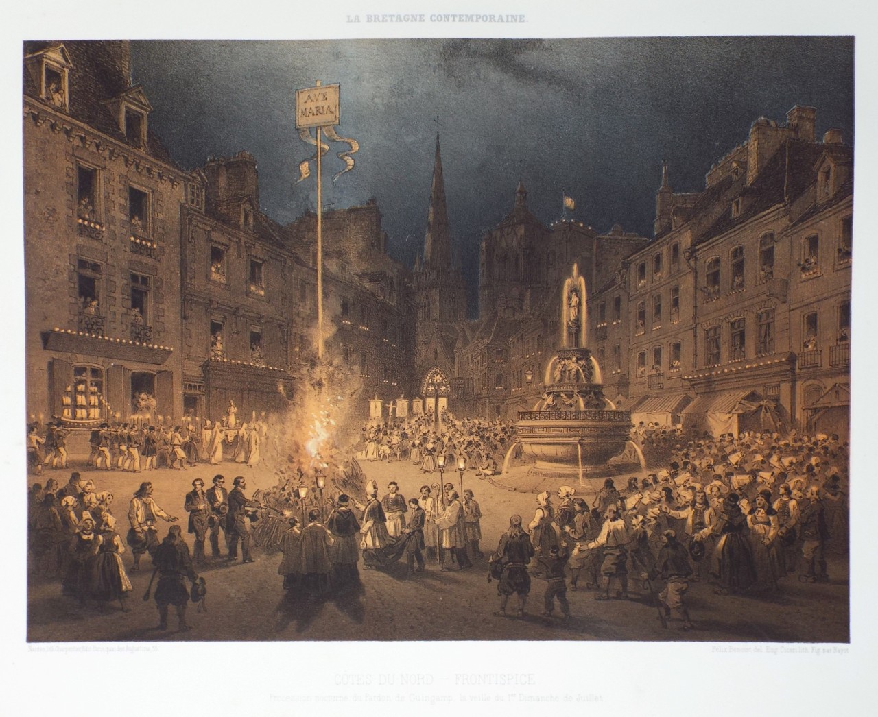 Lithograph - Cotes-du-Nord - Frontispiece. Procession Nocturne de Pardon de Guingamp, la veille du 1er Dimanche de Juillet. - Ciceri