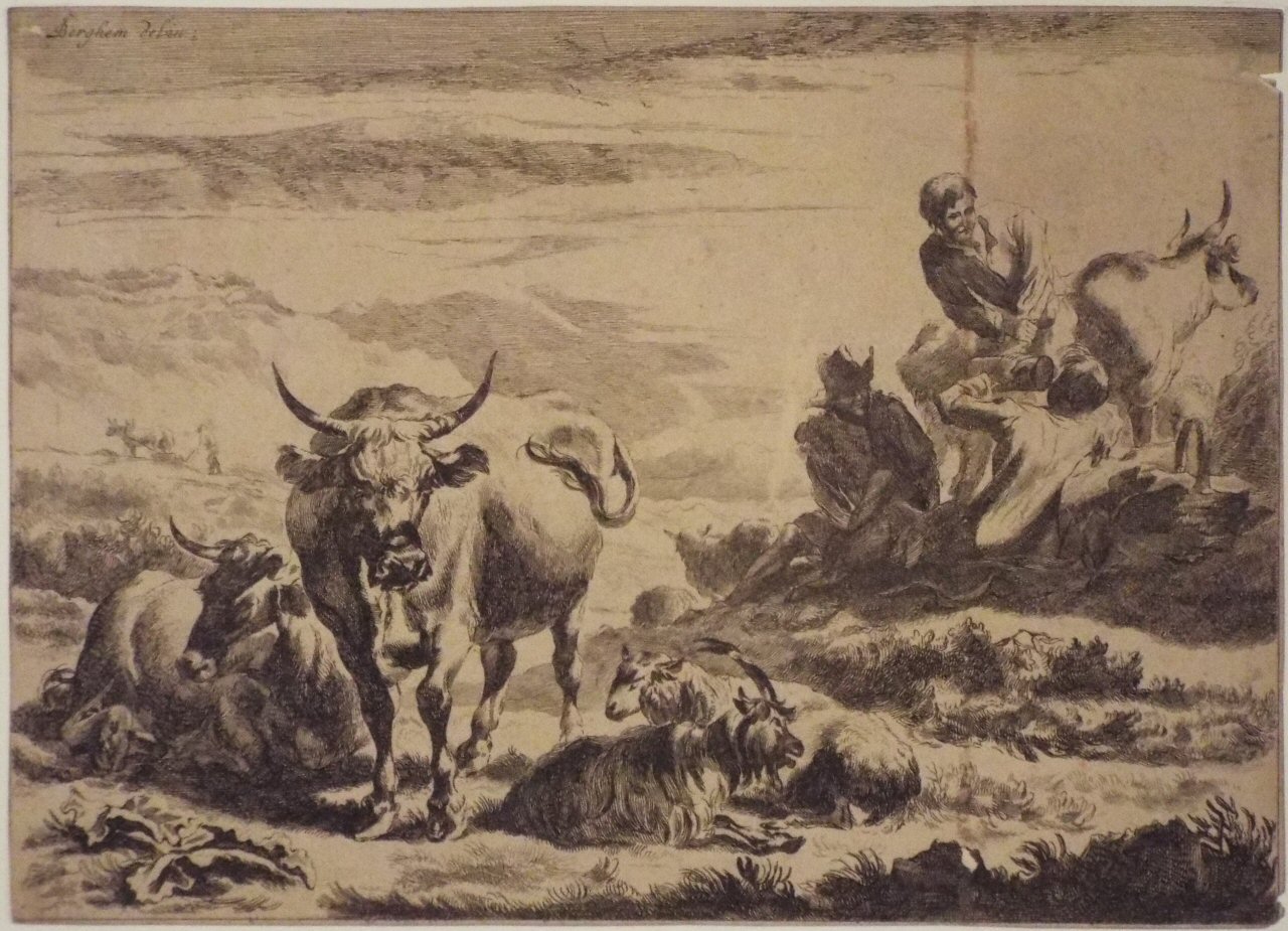 Etching - Cattle, goats & herdsmen having a meal - Berchem