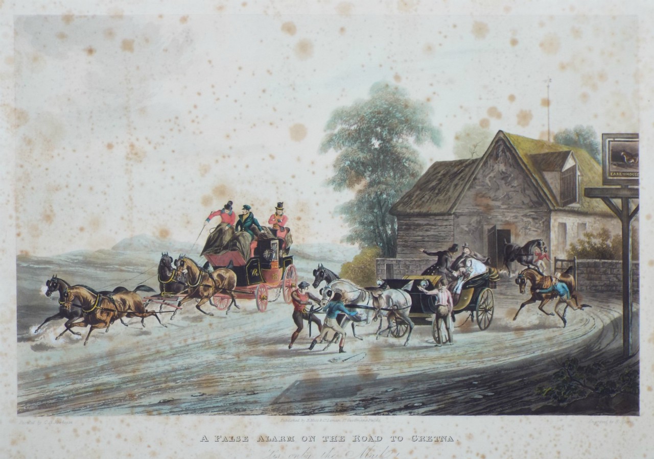 Aquatint - A False Alarm on the Road to Gretna, 'tis only the Mail. - Reeves