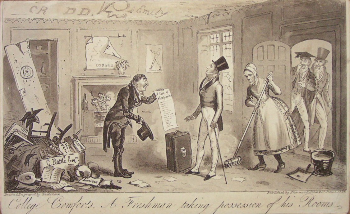 Aquatint - College Comforts. A Freshman taking posession of his Rooms. - Cruikshank