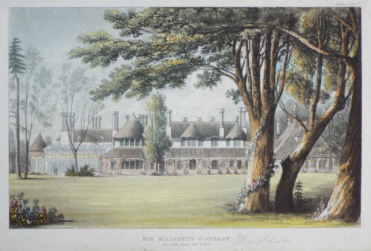 Aquatint - His Majesty's Cottage, as seen from the Lawn.