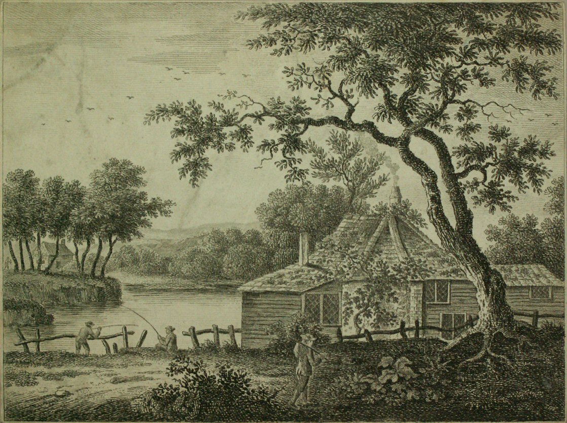 Etching - (Landscape with lake and cottage)