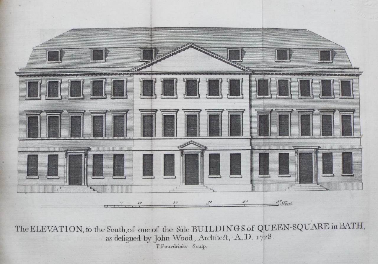 Print - The Elevation, to the South, of one of the Side Buildings of Queen-Square in Bath, as designed by John Wood, Architect, A. D. 1728. - Fourdrinier