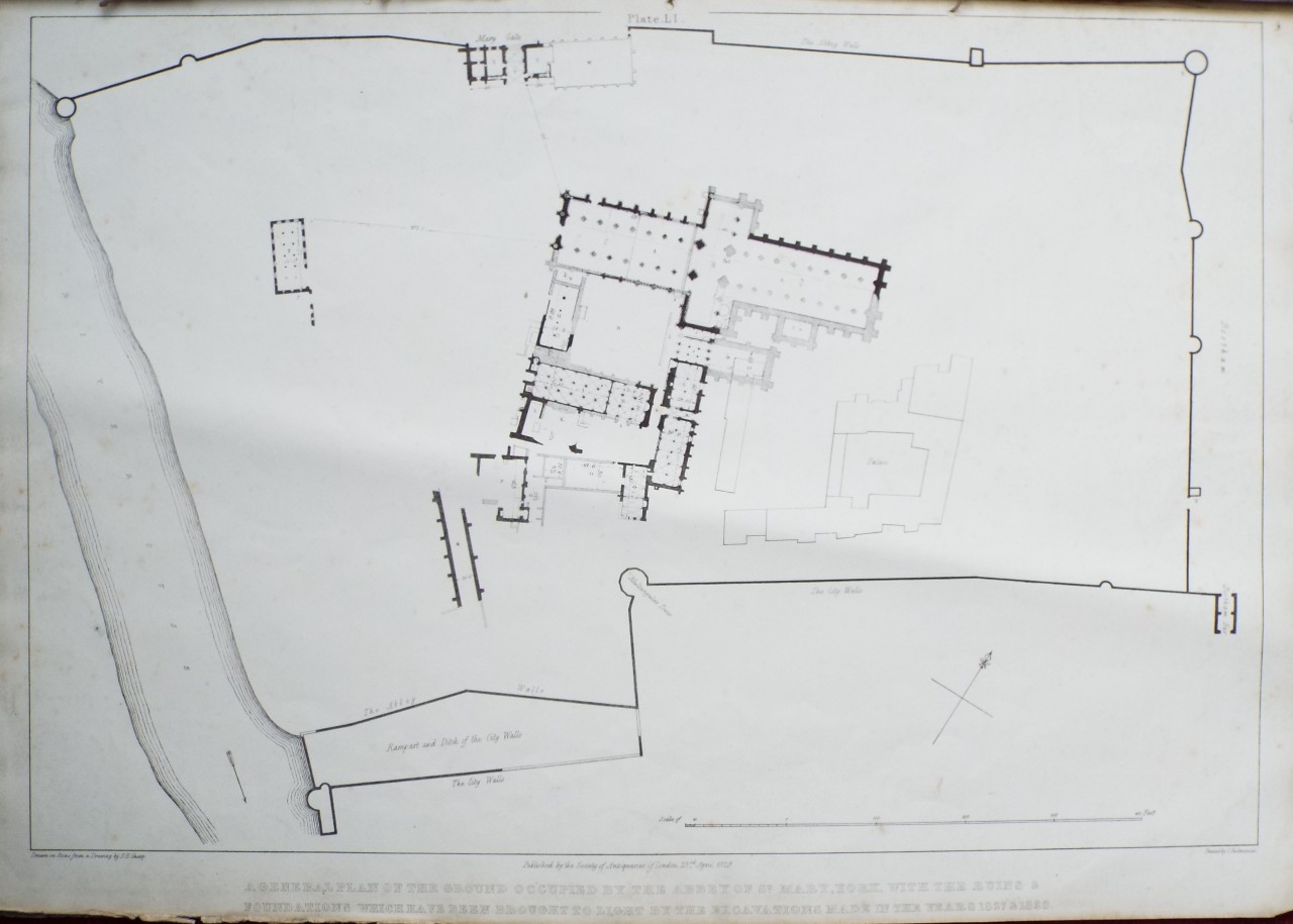 Lithograph - A General Plan of the Ground Occupied by the Abbey of St. Mary, York, with the Ruins & Foundations which have been brought to Light by the Excavations in the Years 1827 & 1828.