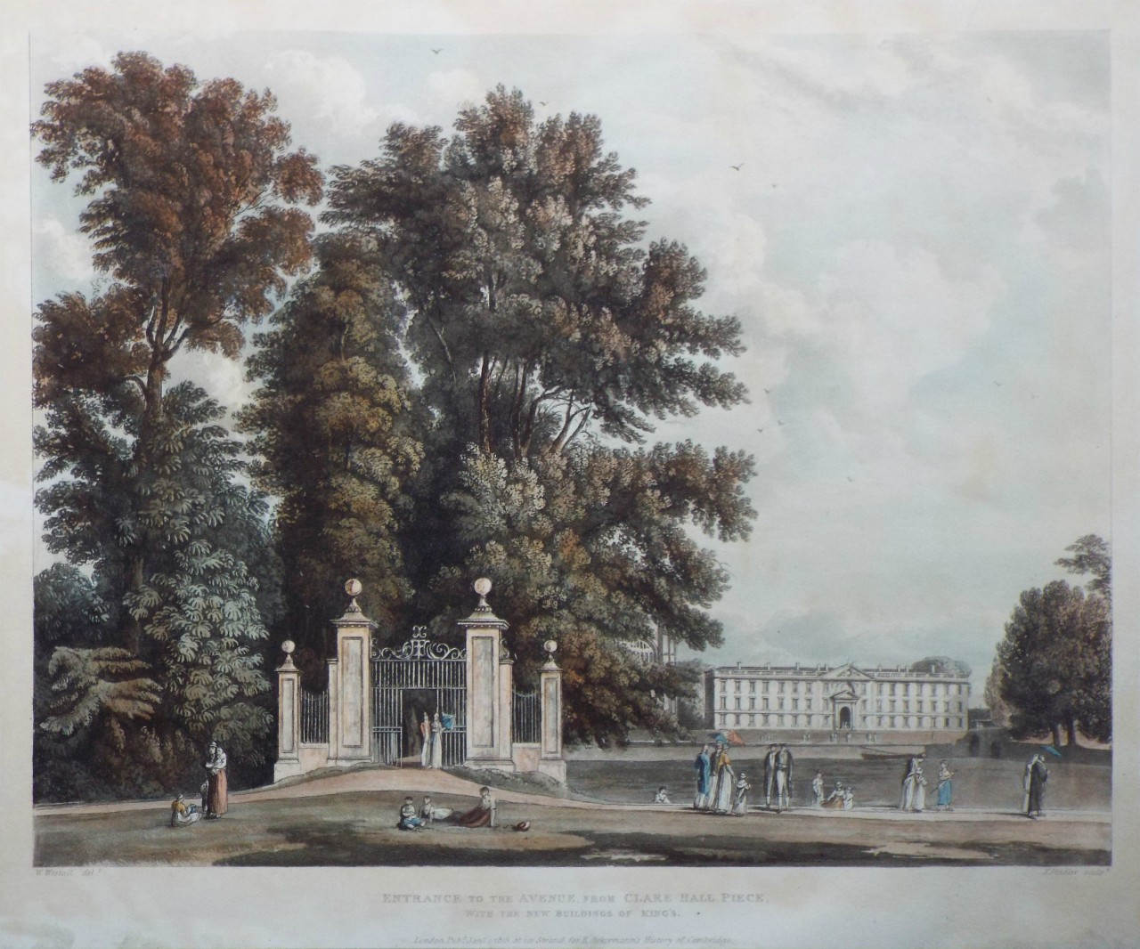 Aquatint - Entrance to the Avenue, from Clare Hall Piece, with the New Buildings of King's. - Stadler