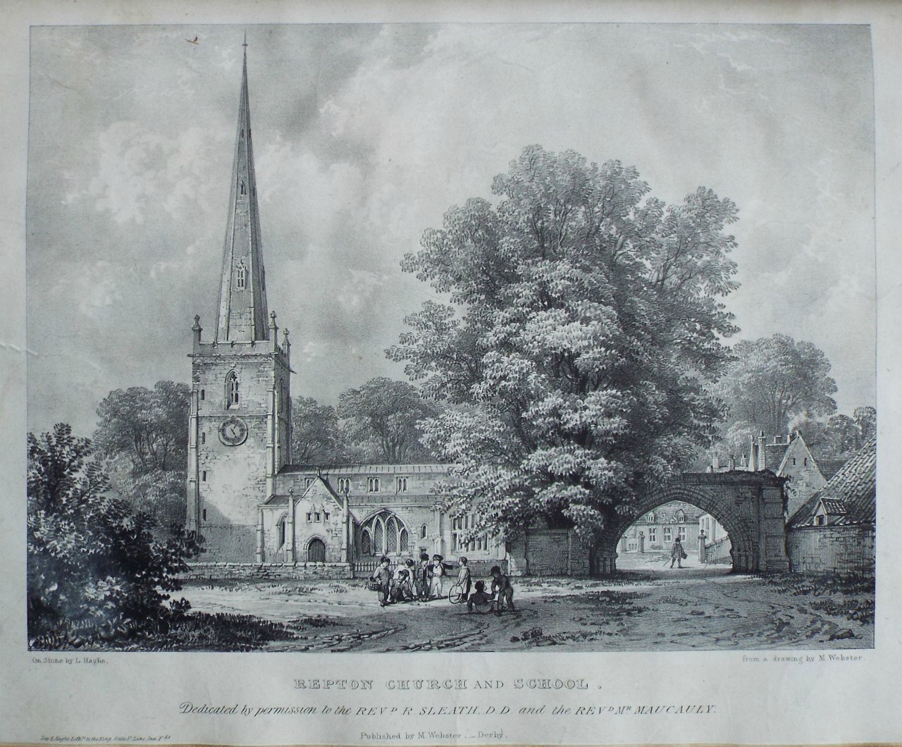 Lithograph - Repton Church and School. Dedicated by permission to the Revd. R. Sleath, D.D. and the Revd. Mr. Maucauly. - Haghe