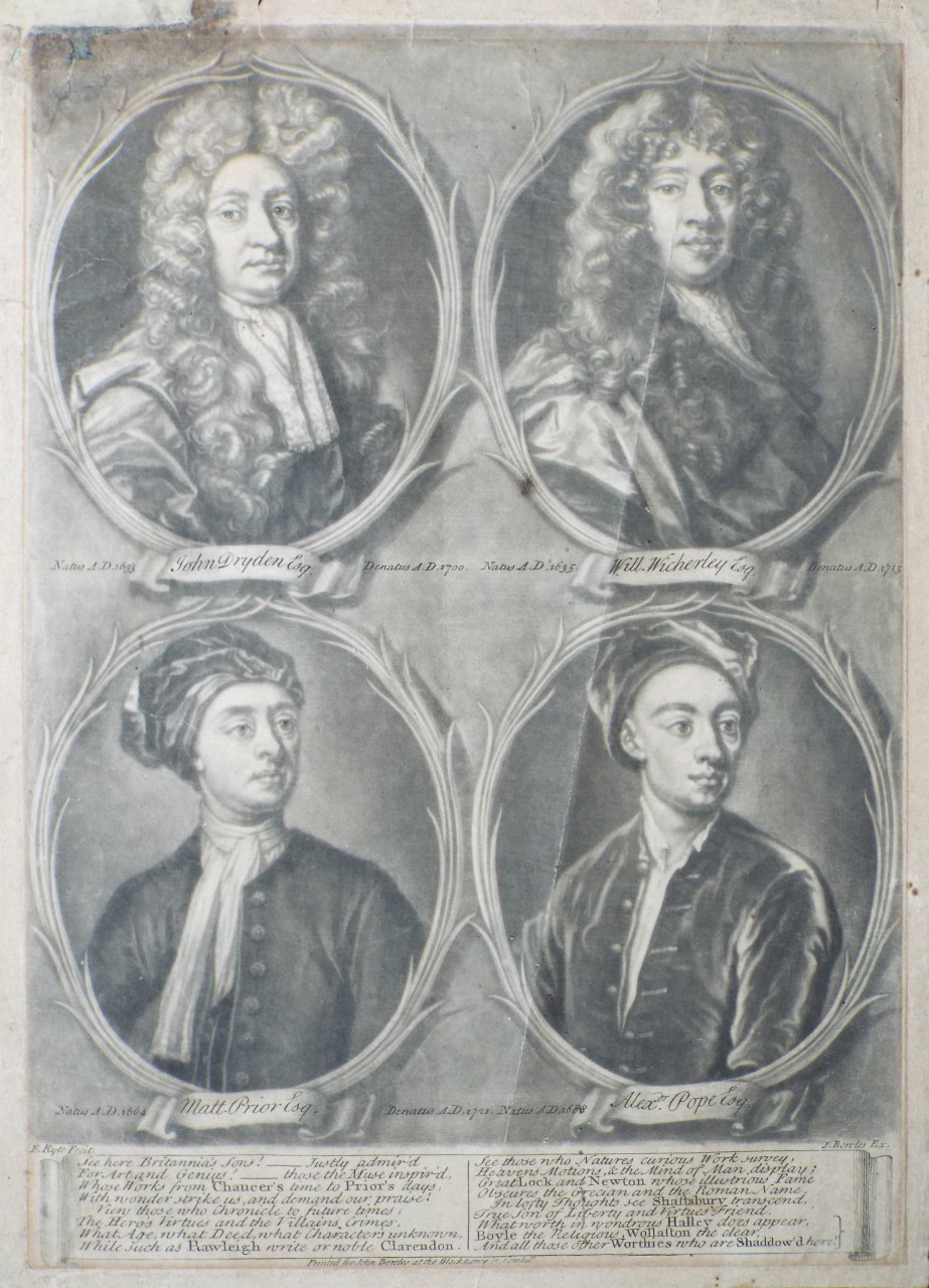 Mezzotint - John Dryden Esq. Will Wicherley Esq. Matt. Prior Esq. Alexdr. Pope Esqr. - Kyte