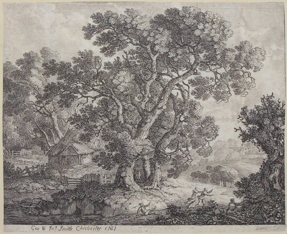 Print - (Landscape with cottage beneath trees and 3 figures at play) - Smith