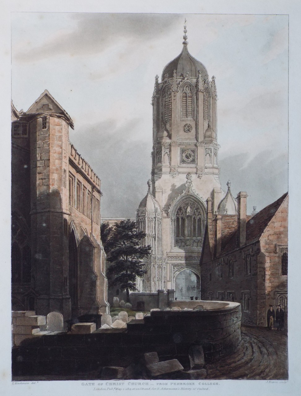 Aquatint - Gate of Christchurch College - from Pembroke College - Reeves