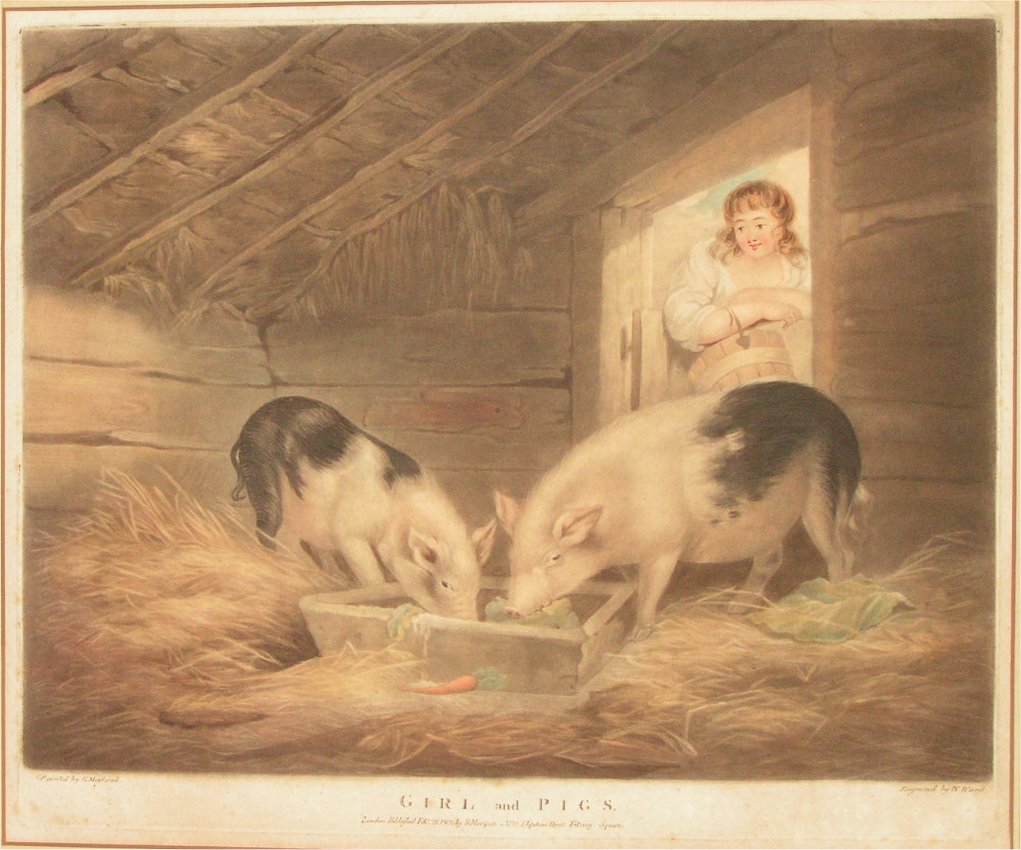 Mezzotint - Girl and Pigs - Ward