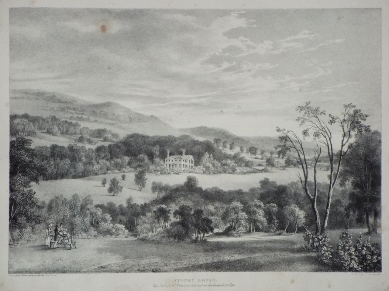 Lithograph - Stoney Rhoyd. The Seat of Mrs Rawson, taken from the Grounds at Hope. - Horner