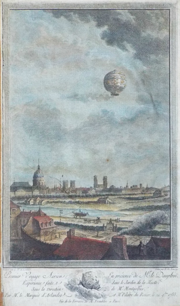 Print - Premier Voyage Aerien En presence de Mr. Le Dauphin. Experience faite dans le Jardin de la Muette Sous la Direction de Mr. Montgolfier, Par le Marquis d'Arlandes et Mr. Pilatre du Rosier  le 21. 9bre. 1783. Vue de la Terrasse de Mr. Franklin a Passi. - De