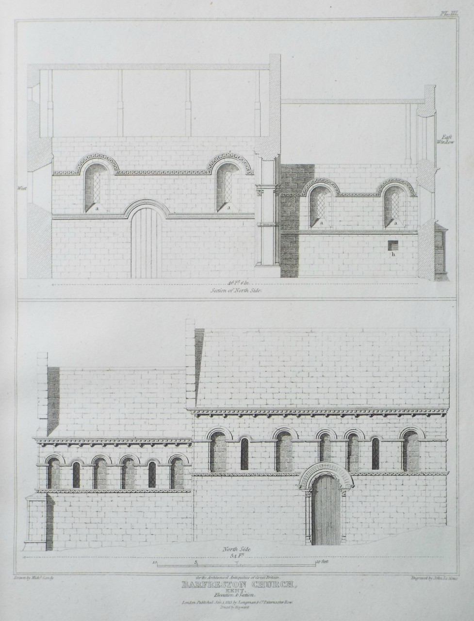 Print - Barfreston Church, Kent. Elevation & Section. - Le