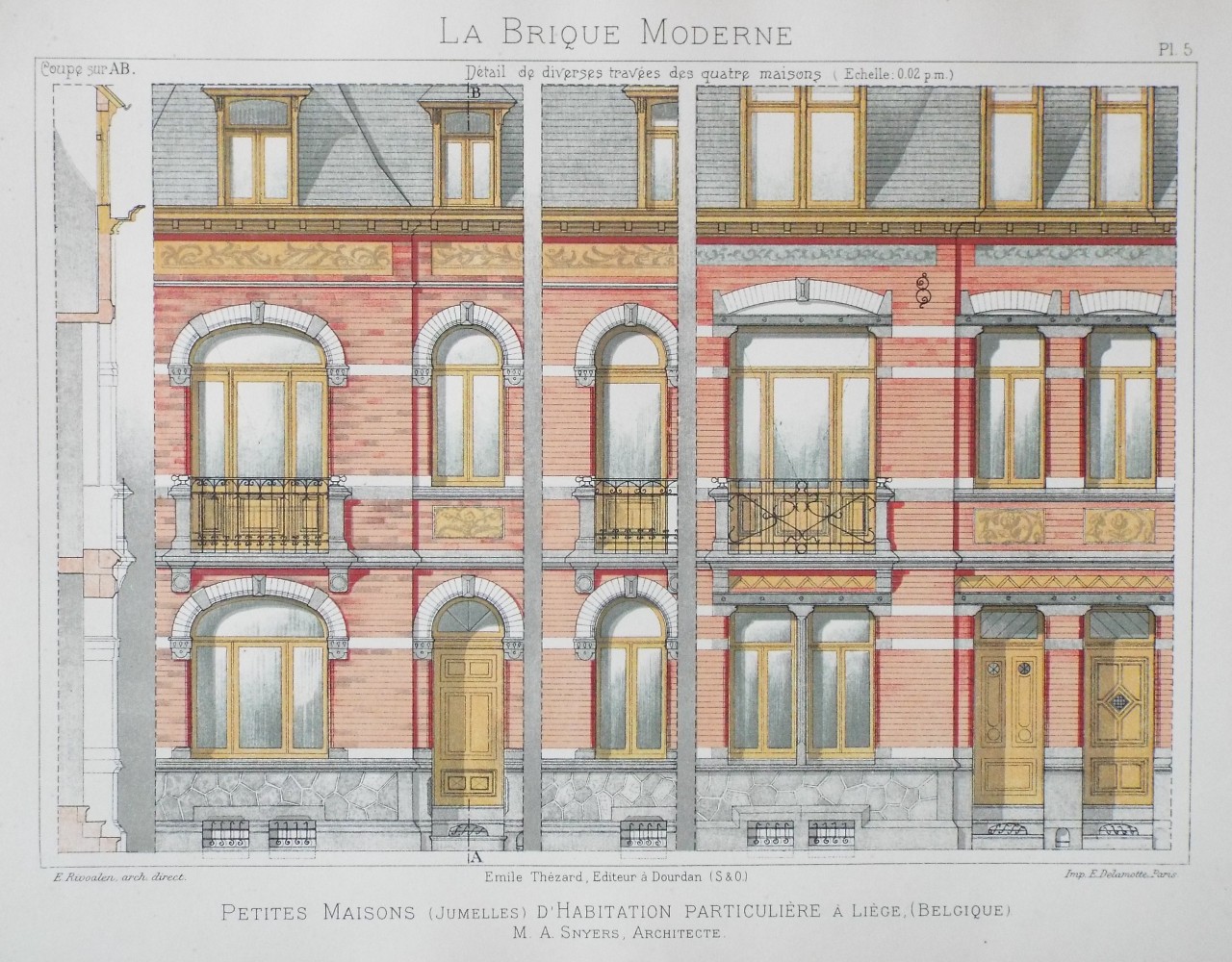 Chromo-lithograph - Petite Maisons (Jumelles) d'Habitation Particulaire a Liege (Belgique). M. A. Snyers, Architecte.