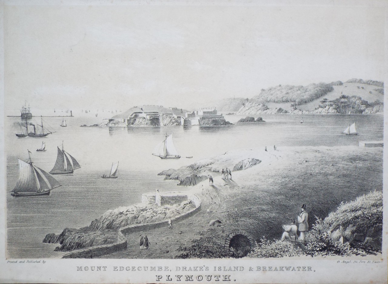 Lithograph - Mount Edgecumbe, Drake's Island & Breakwater, Plymouth.