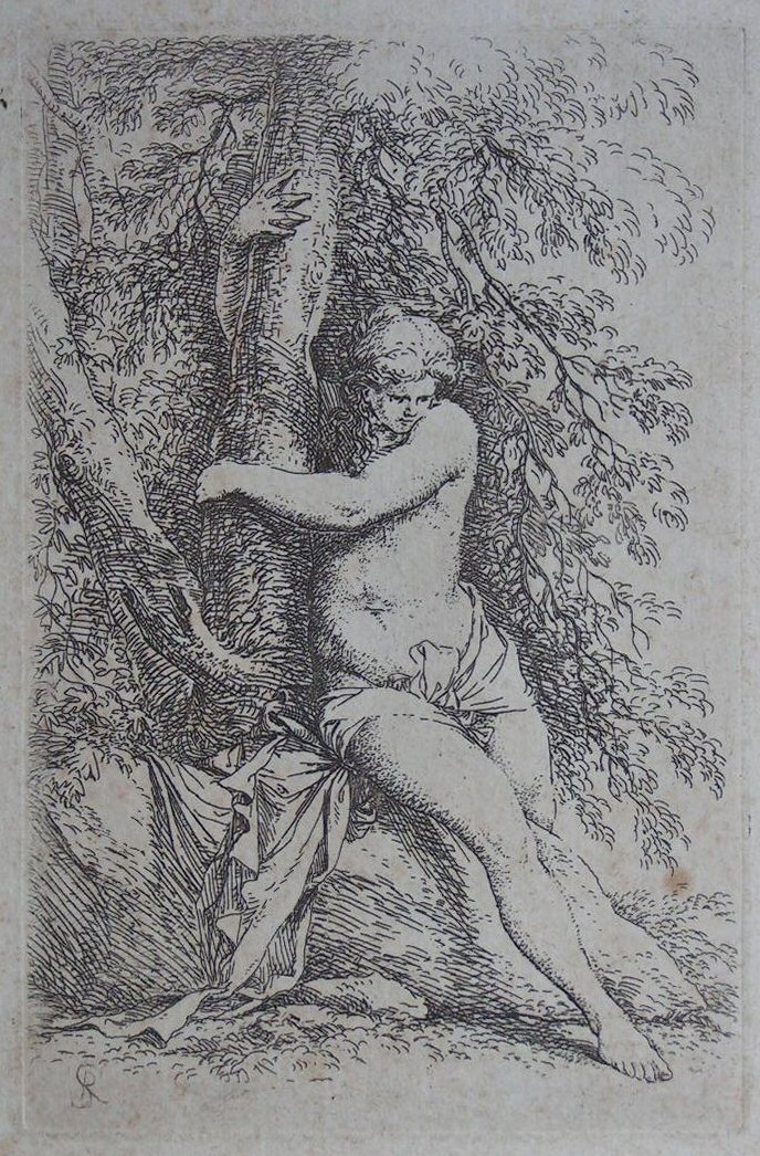 Etching - A seated female nude holding onto a tree trunk - Rosa