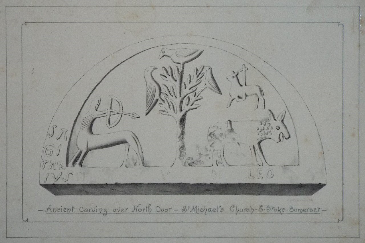 Lithograph - Ancient Carving over North Door - St. Michael's Church - E. Stoke - Somerset