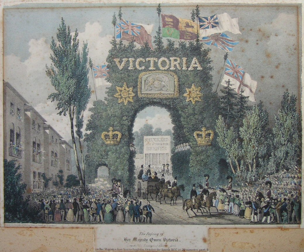 Lithograph - The Passing of her Majesty Queen Victoria, under the Triumphal Rustic Arch on Her Majesty's first Visit to Brighton, October the fourth, 1837, at 20 minutes past 4.
