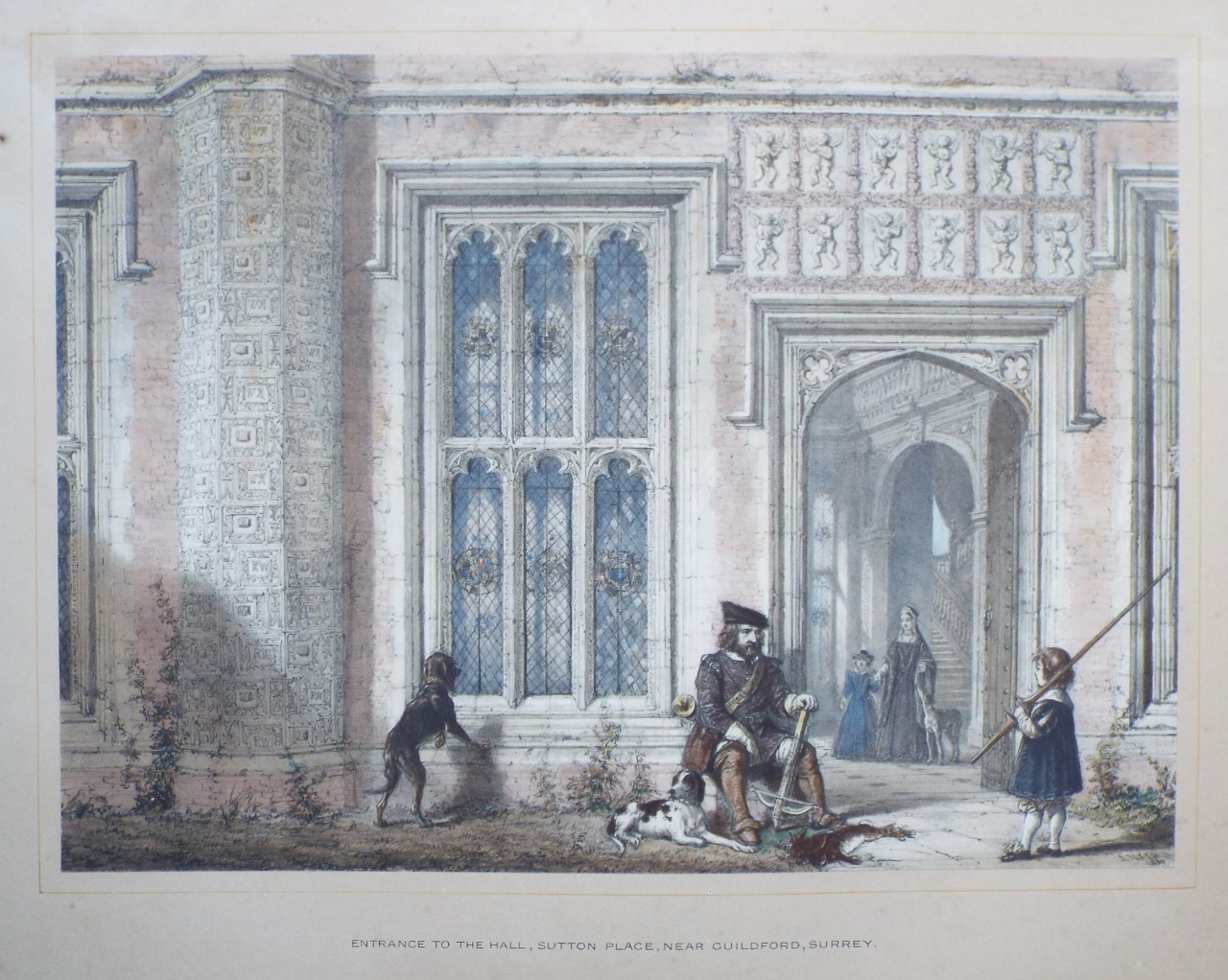 Lithograph - Entrance to the Hall, Sutton Place, near Guildford, Surrey. - Nash