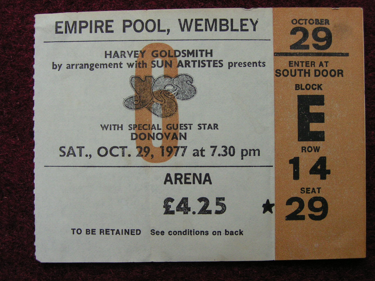 Ticket Stub - Yes Empire Pool Wembley 29/10/77