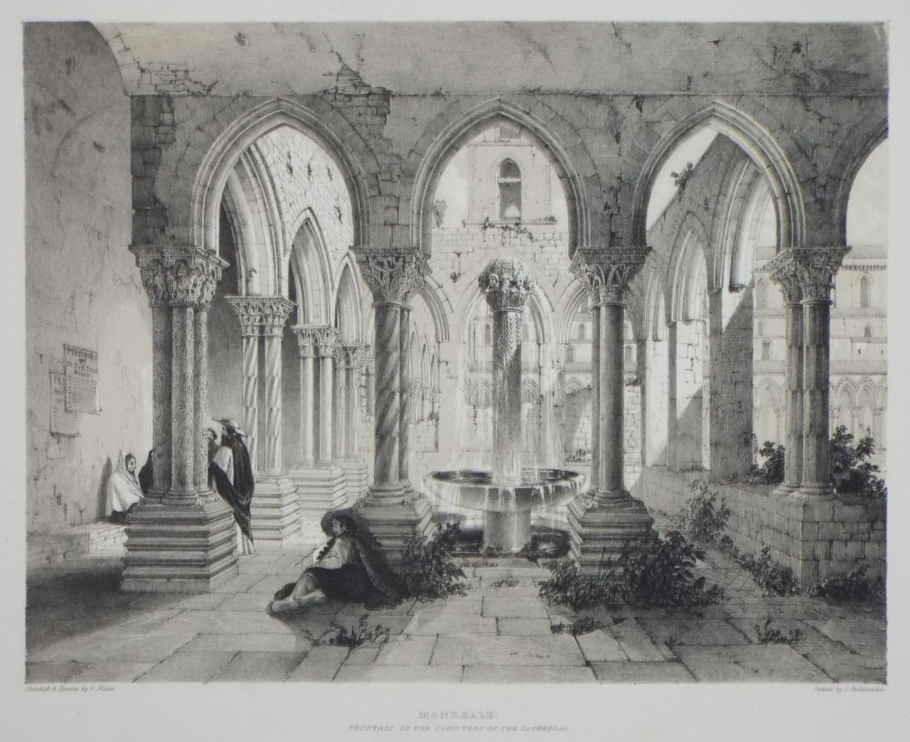 Lithograph - Monreale. Fountain in the Cloisters of the Cathedral. - Moore