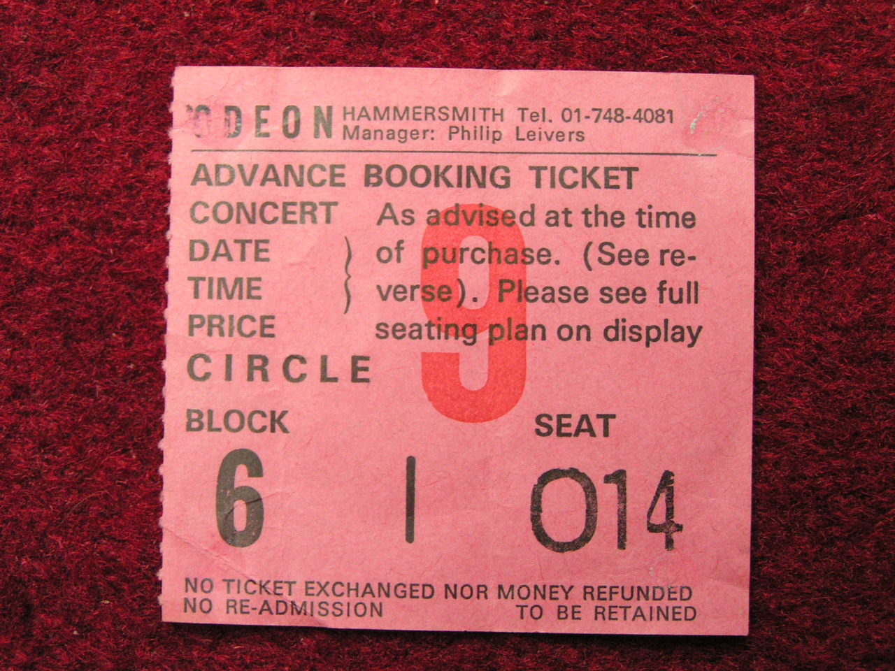 Ticket Stub - The Tubes Hammersmith Odeon Wed 16/11/77