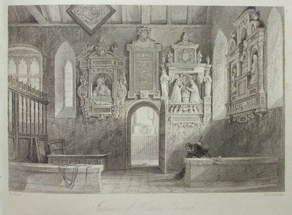 Print - Interior of Wootton Church. Monumental Chapel of the Evelyn Family - Starling