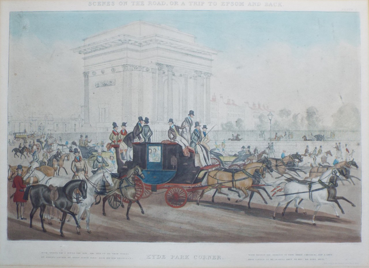 Aquatint - Scenes on the Road, or a Trip to Epsom and Back. Plate I. Hyde Park Corner. - Harris