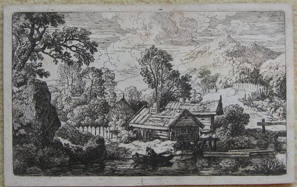 Etching - (Log cabins beside a lake with mountains in background) - Dietrich