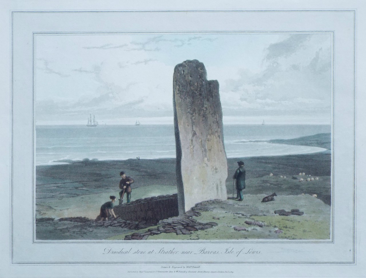 Aquatint - Druidical stone at Strather, near, Barras, Isle of Lewes. - Daniell