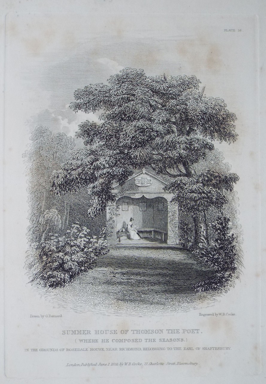 Print - Summer House of Thomson the Poet. (where he composed the Seasons.) In the Grounds of Rosedale House, near Richmond, belonging to the Earl of Shaftesbury. - Cooke