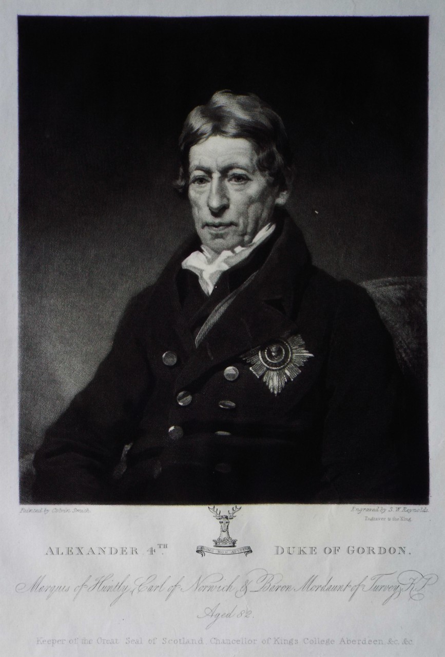 Mezzotint - Alexander 4th. Duke of Gordon. Marquis of Huntly, Earl of Norwich & Baron Mordaunt of Turvey K. J. Aged 82. Keeper of the Seal of Scotland. Chancellor of King's College Aberdeen &c. &c. - Reynolds
