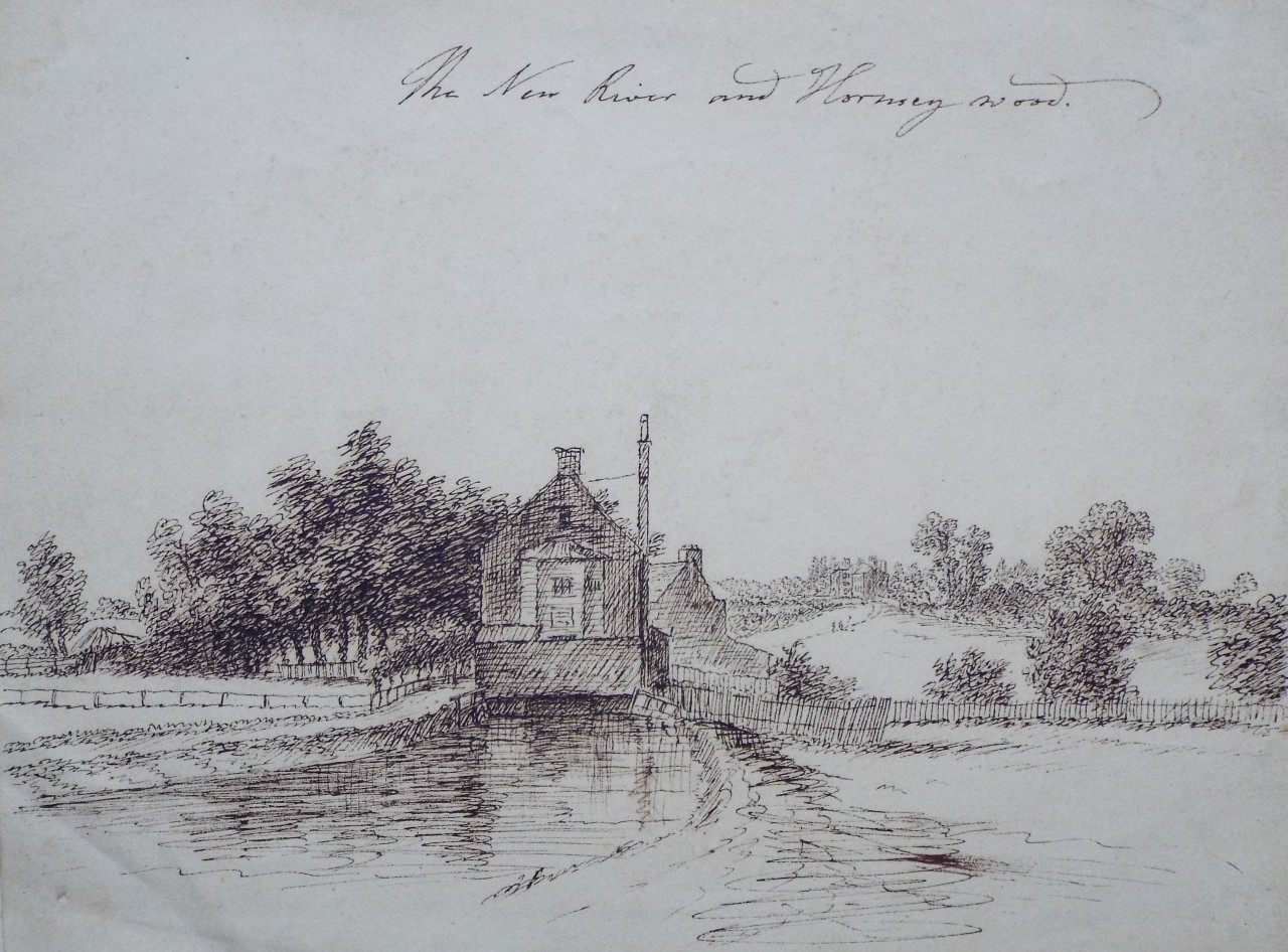 Ink drawing - The New River and Hornsey wood.