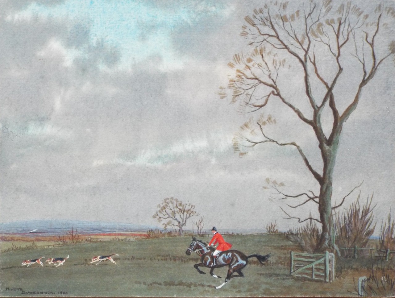 Oil on boads - Huntsman at the gallop with hounds