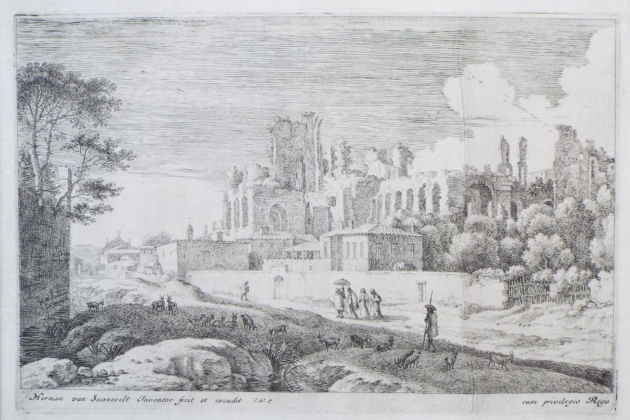 Etching - Landscape with Ruins and a Woman with a Parasol. - Van