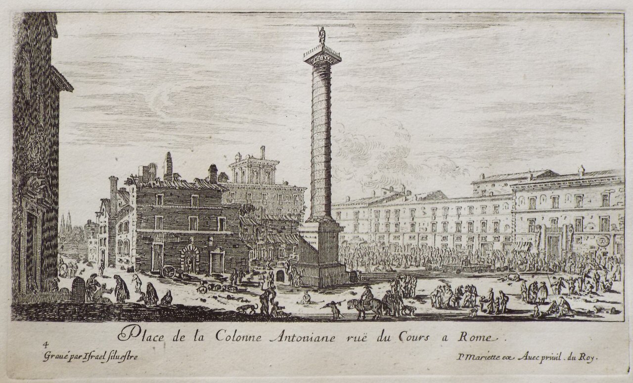 Etching - Place de la Colonne Antoniane rue de Cours a Rome. - Silvestre