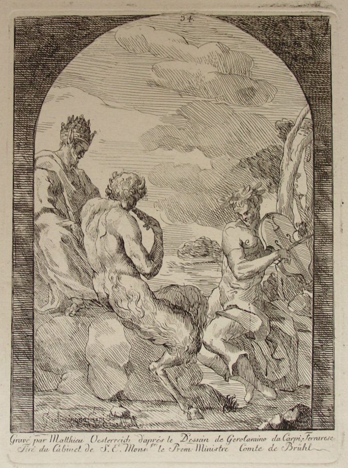 Etching - Gravee par Mattieu Oesterreich d'apres le Dessinde Gerolamino da Capri Ferrarese. Tire du Cabinet de S.E.Monsgr le Prem: Ministre Comte de Bruhl - Oesterreich