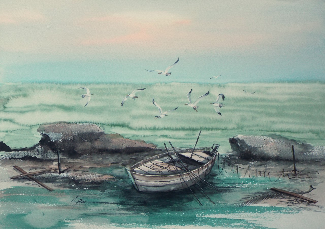 Watercolour - Oriental coastal landscape