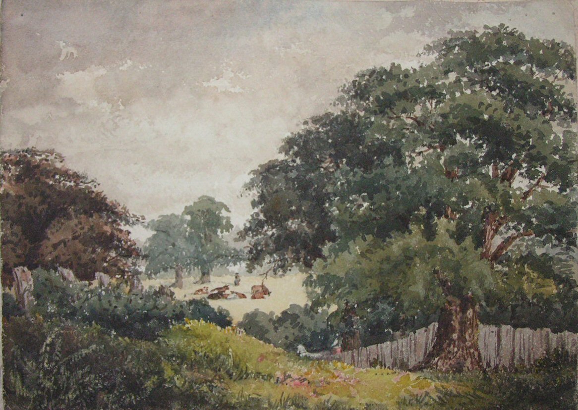Watercolour - Landscape with trees and cattle