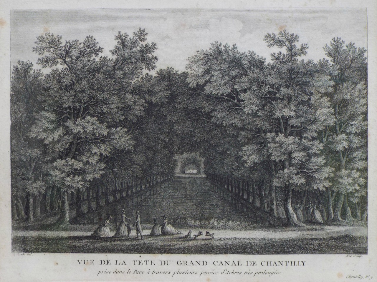 Print - Vue de la Tete du Grand Canal de Chantilly prise dans le Parc a travers plusiues percees d'Arbres tres prolongeesu Jardin Anglos de Chantilly, la Grotte. - 