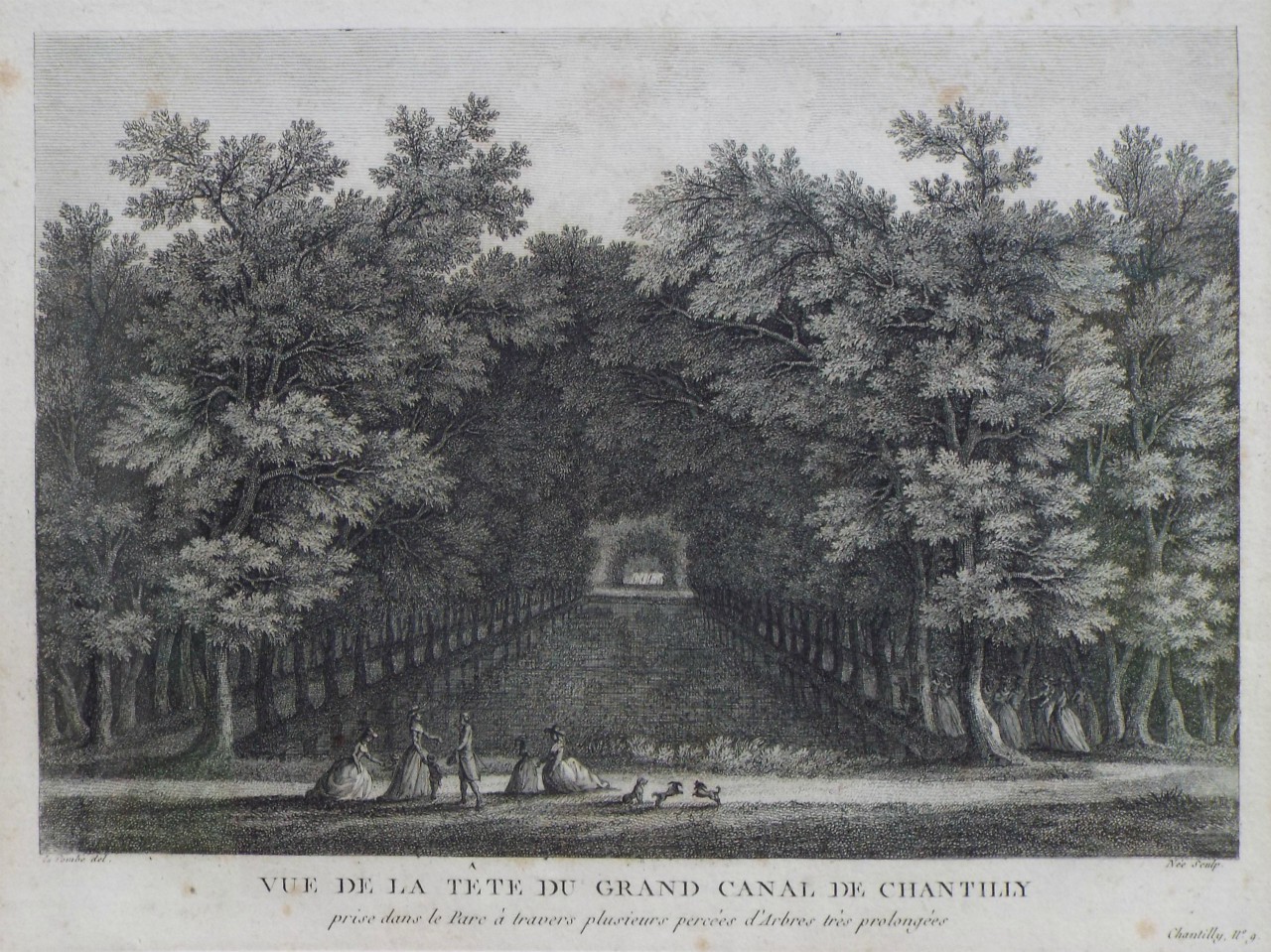 Print - Vue de la Tete du Grand Canal de Chantilly prise dans le Parc a travers plusiues percees d'Arbres tres prolongeesu Jardin Anglos de Chantilly, la Grotte. - 